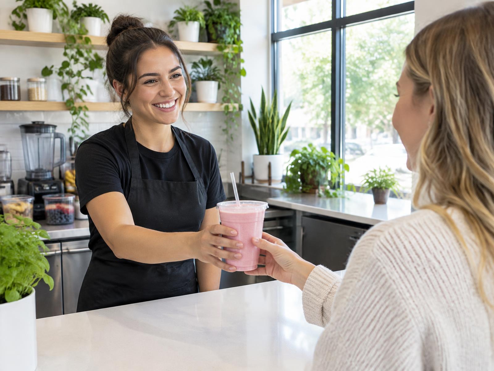 Protein Plus team member handing a protein shake to a customer